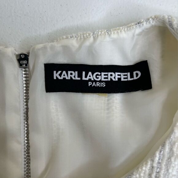 Karl Lagerfeld Tweed Fringe Ivory Metallic Sleeveless Shift Dress Women Size 12 - Picture 11 of 15